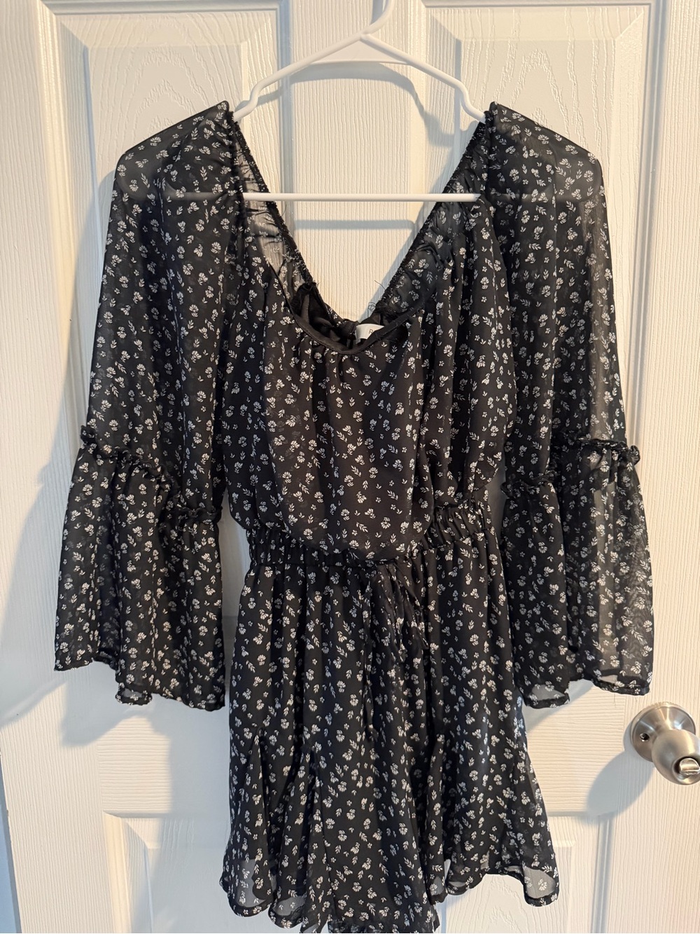 Black Floral V-Neck Romper with Tie Waist